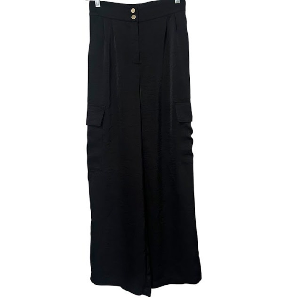 House of Harlow‎ 1960 Black Satin Finish Wide Leg Cargo Pants Womens XS